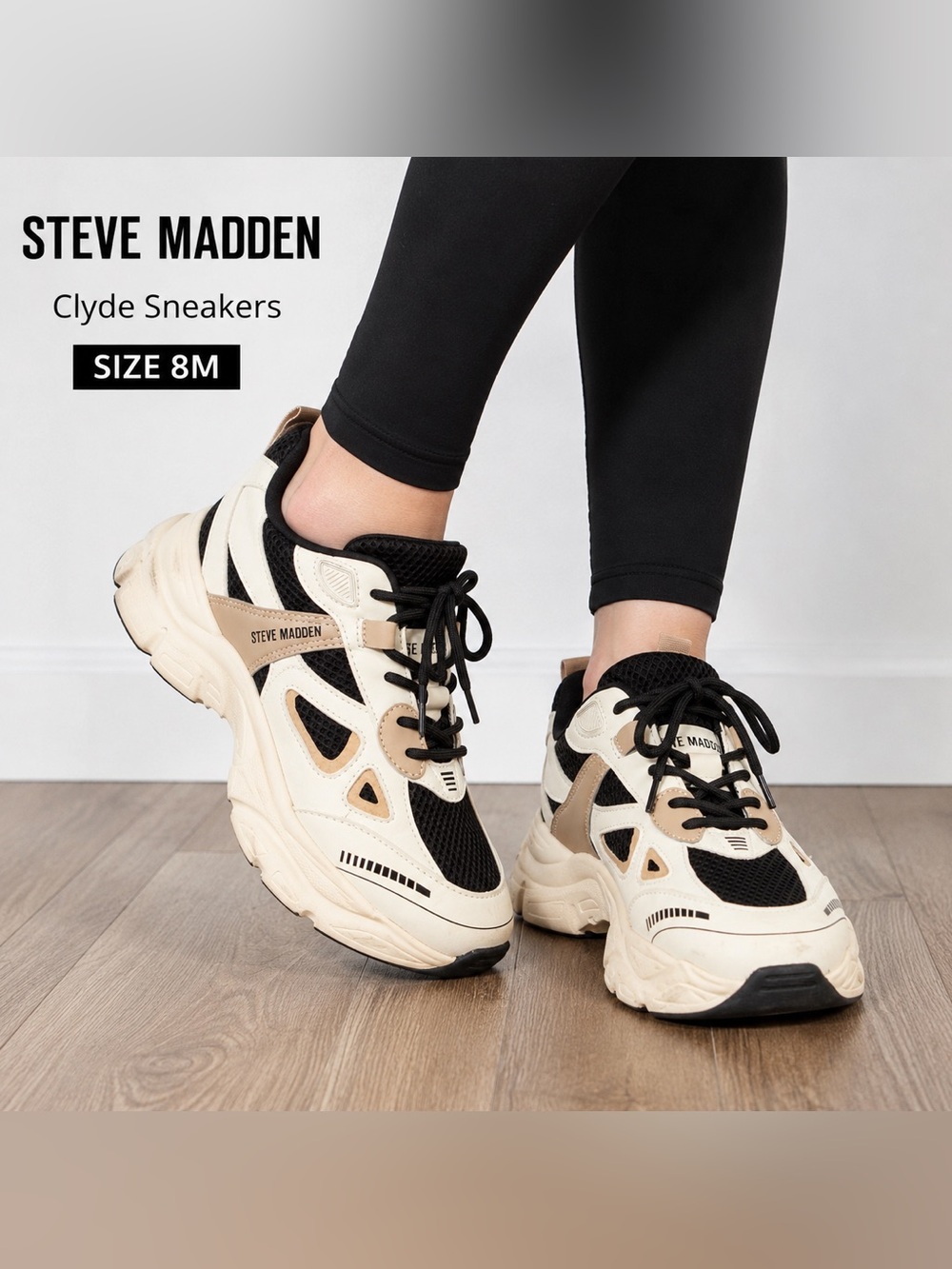 Steve Madden Clyde Chunky Dad Sneakers Women’s Size 8M White Black Beige